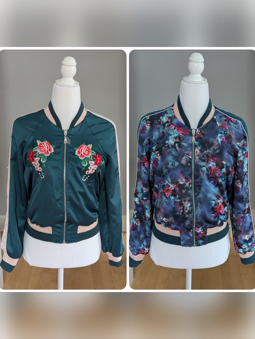 NWOT Bebe Reversible Satin Bomber Jacket XS Teal Floral Embroidered
